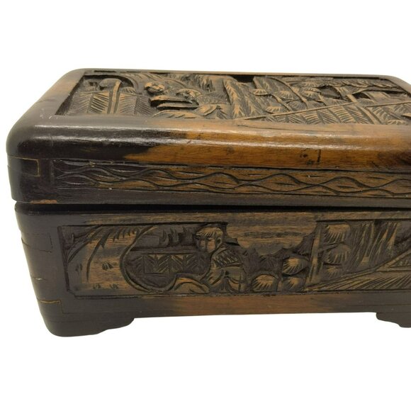 Antique Camphor Wood Intricately Hand Carved Box Jewelry Trinket Early 1900's - Picture 7 of 16